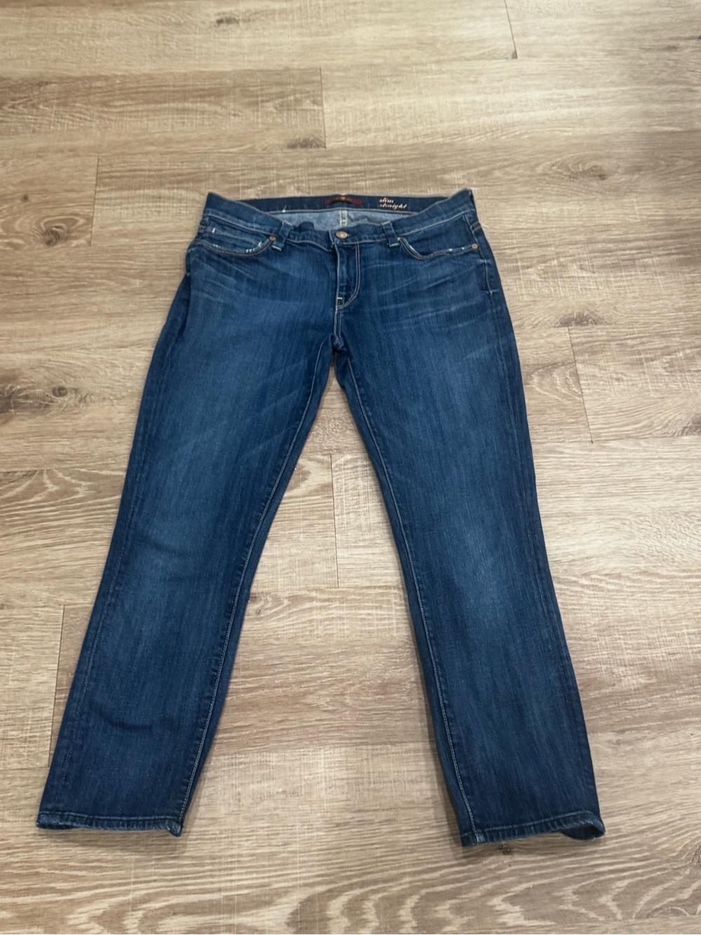7 For All Mankind Slim Straight Jeans Size 29 Dark Wash Raw Hem Stretch Denim